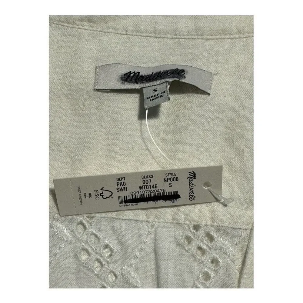 NEW Madewell Women’s Small Soft White Long-Sleeve Popover‎ Top in Eyelet NWT
